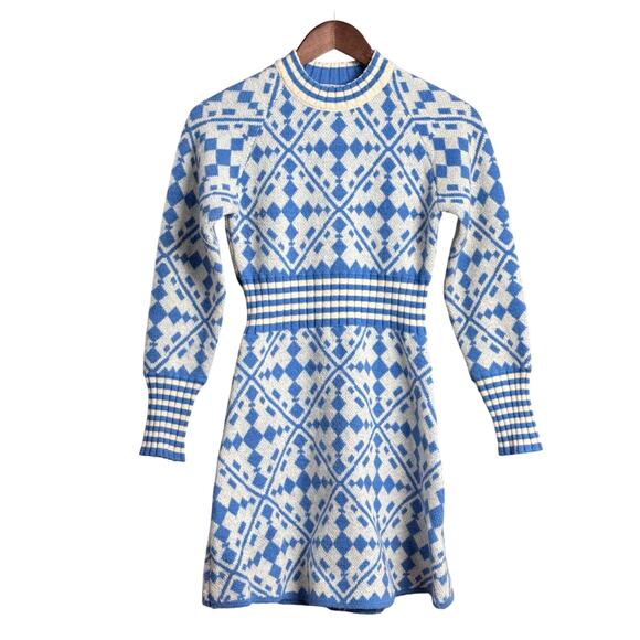 Women's Blue/White Geometric Knit Sweater Dress - Size Small - Picture 1 of 13